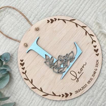 Namensschild aus Holz personalisiert | 3D - Monogramm mit Rose & Geburtsdaten - LaserArt Germany