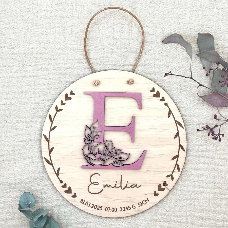 Namensschild aus Holz personalisiert | 3D - Monogramm mit Rose & Geburtsdaten - LaserArt Germany