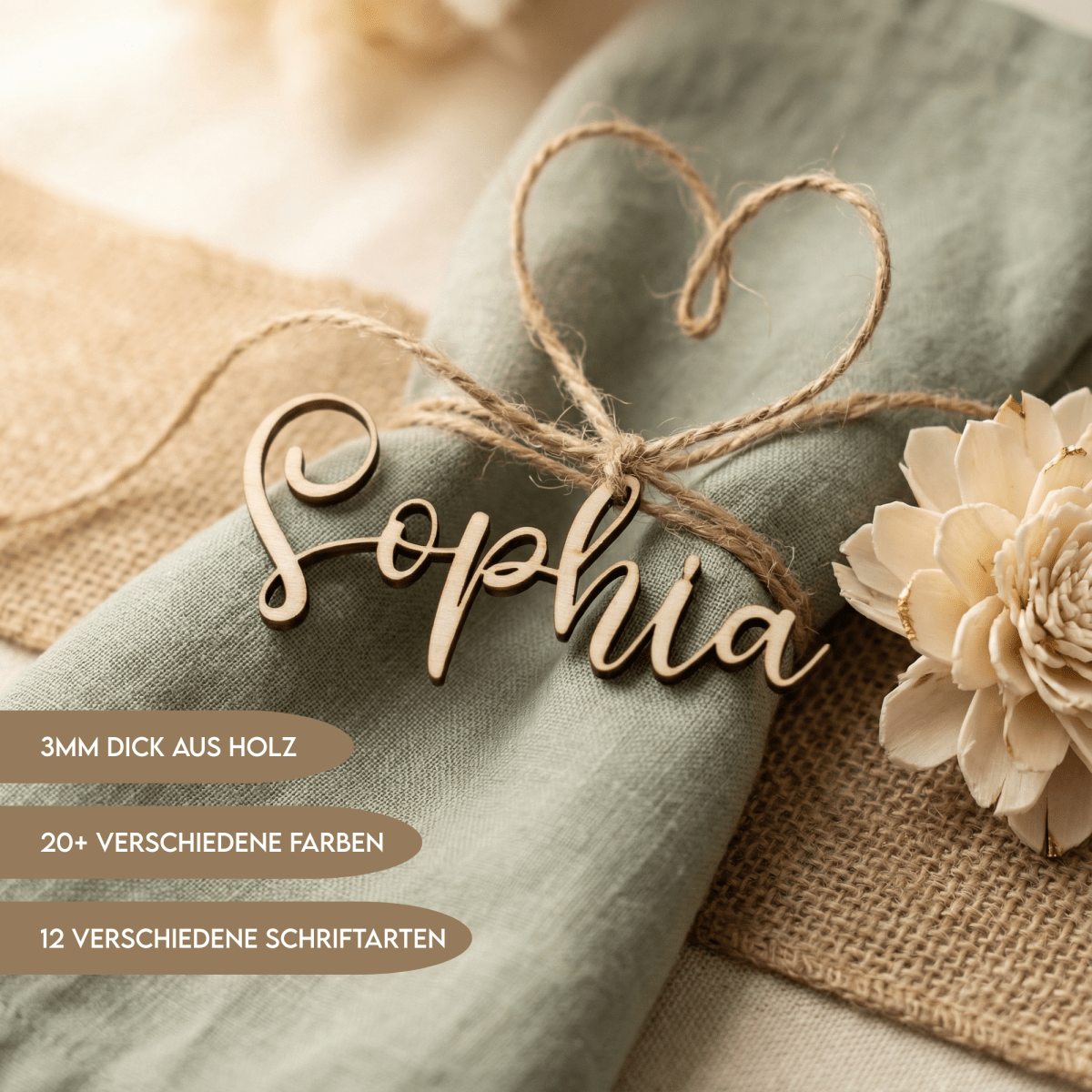 Namensschild aus Holz Platzkarte Schriftzug | 3mm - LaserArt Germany