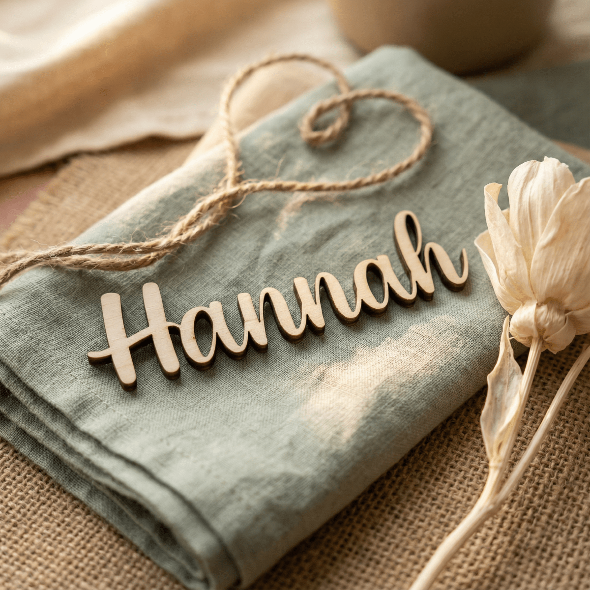 Einzelner Holzname Hannah auf grüner Serviette mit Jute-Herz
