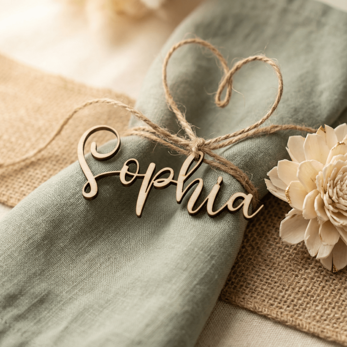 Namensschild Sophia aus Holz mit Trockenblume auf Serviette