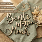 Namensschilder aus Holz 5 mm auf Leinenserviette als Platzkarten zur Hochzeit