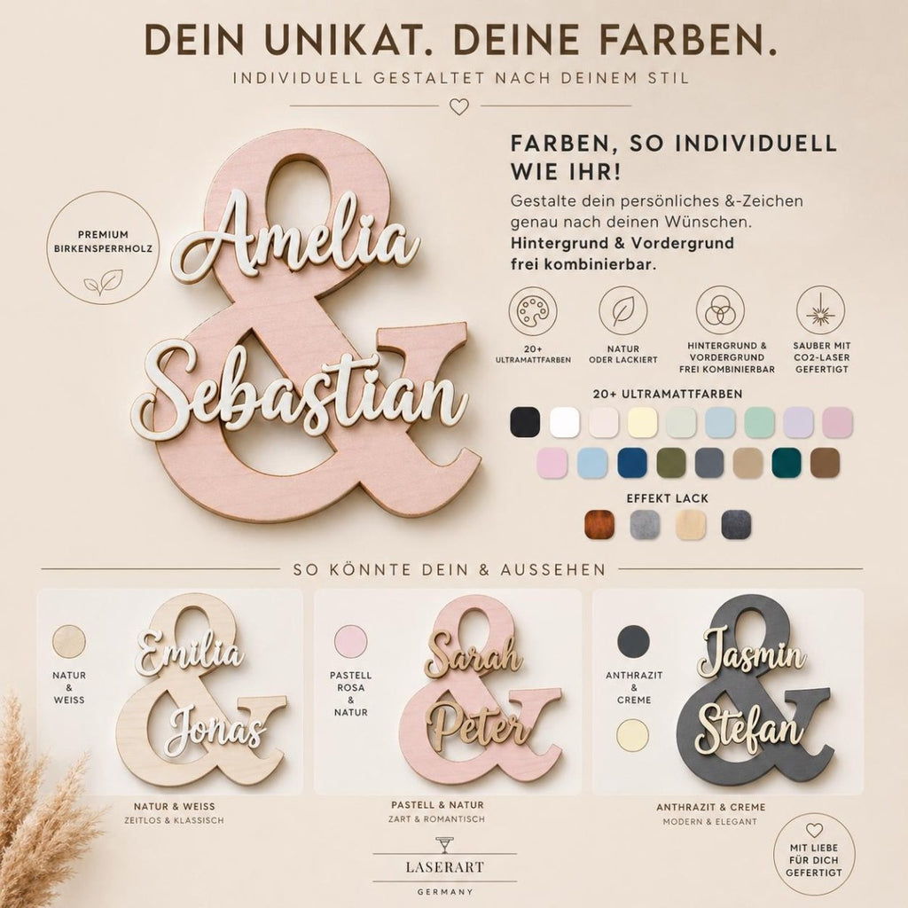 & Namensschild für Paare aus Holz | personalisiert mit zwei Namen - LaserArt Germany
