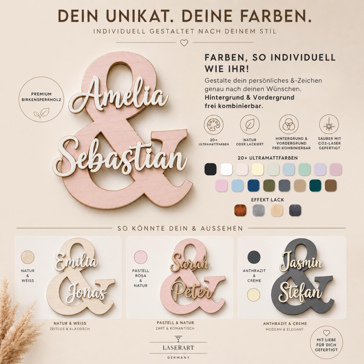 Namensschild für Paare aus Holz personalisiert mit zwei Namen – Farbauswahl im Vergleich