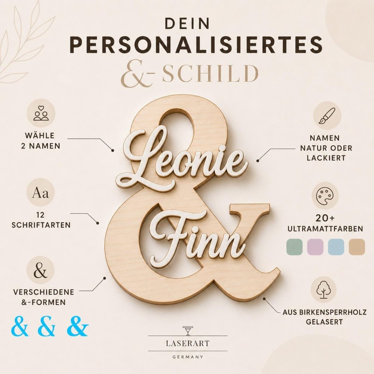Namensschild für Paare aus Holz personalisiert mit zwei Namen – Seitenansicht