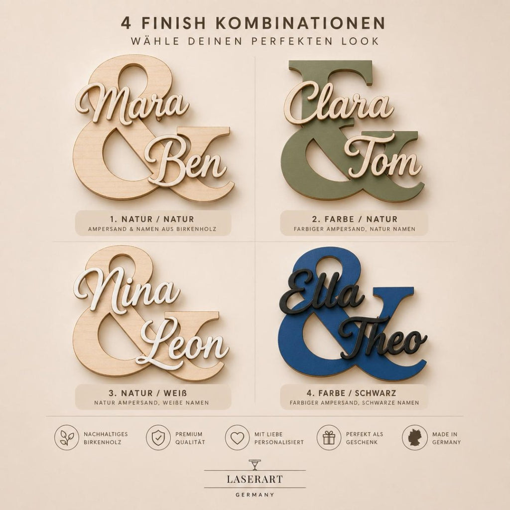 & Namensschild für Paare aus Holz | personalisiert mit zwei Namen - LaserArt Germany