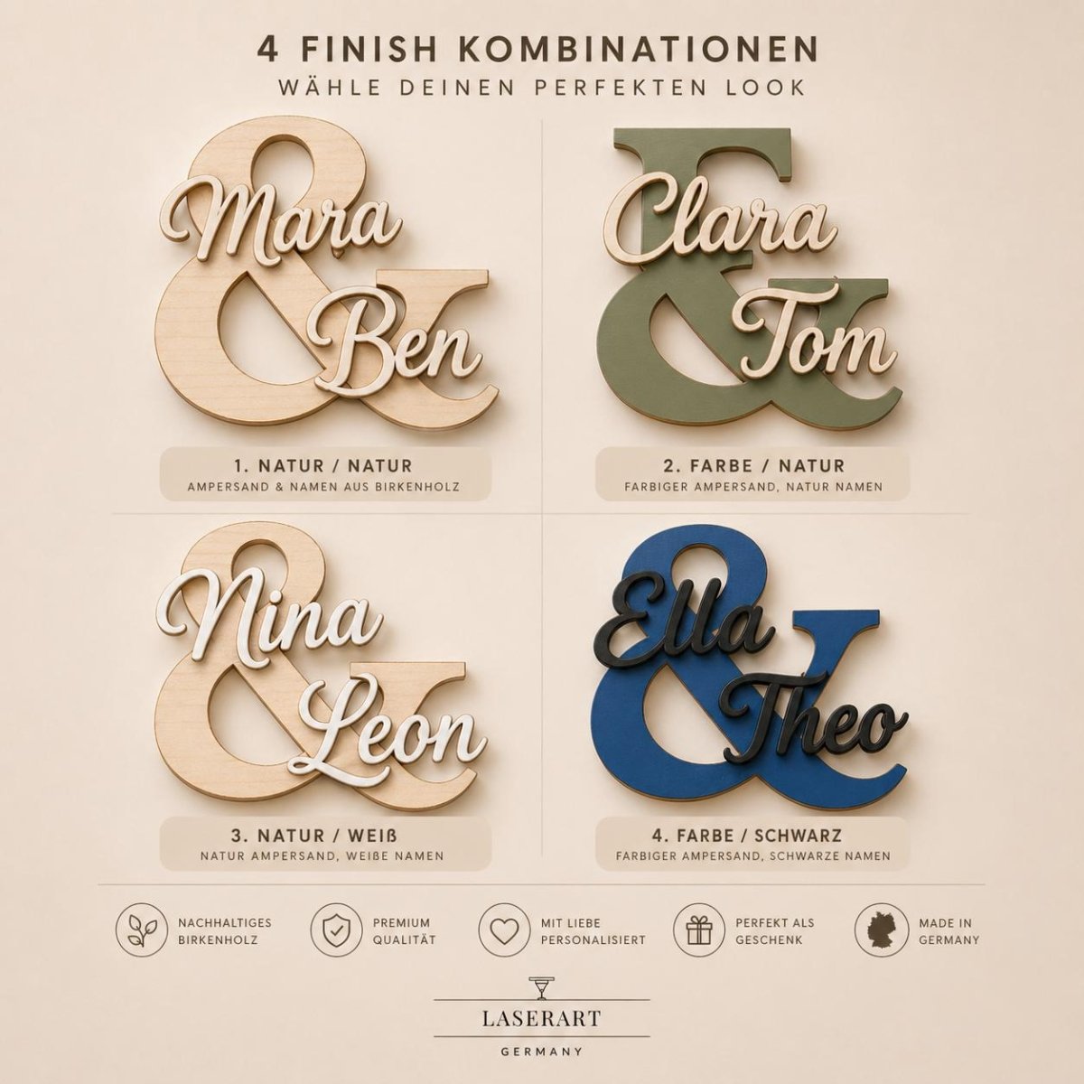 & Namensschild für Paare aus Holz | personalisiert mit zwei Namen - LaserArt Germany
