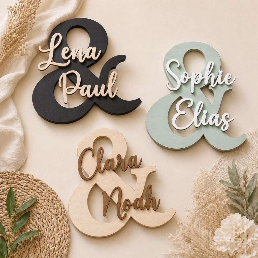 & Namensschild für Paare aus Holz | personalisiert mit zwei Namen - LaserArt Germany
