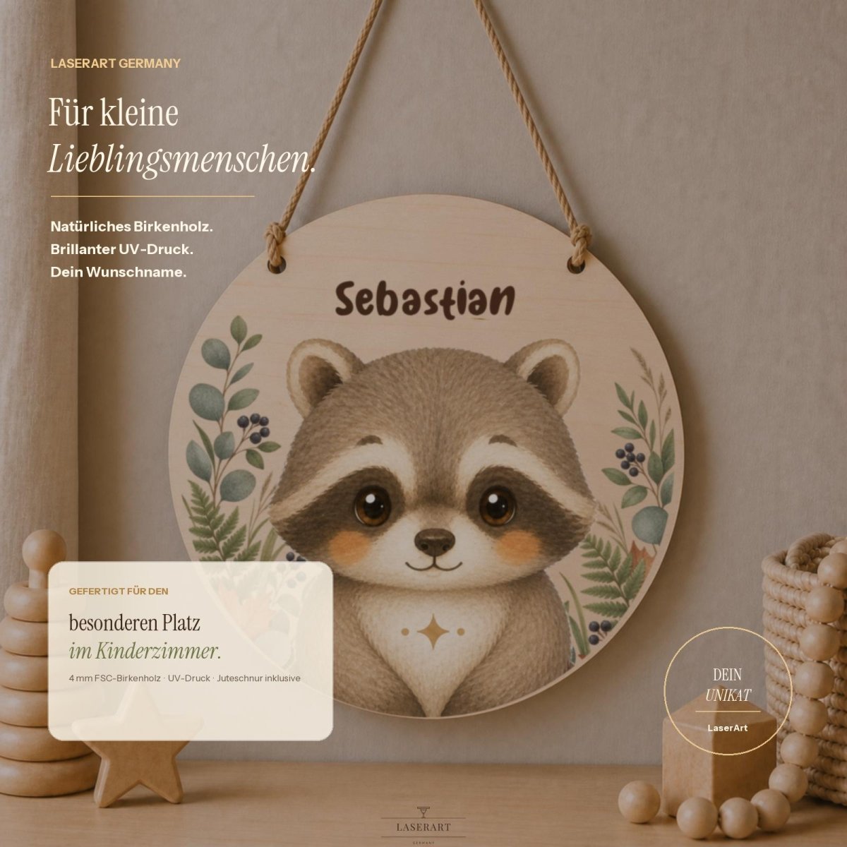 Rundes Namensschild Birkenholz mit Name Sebastian und Tigermotiv, Wanddeko Kinderzimmer