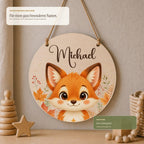 Rundes Namensschild Birkenholz mit Name Michael und Fuchsmotiv, personalisiertes Türschild Kinderzimmer