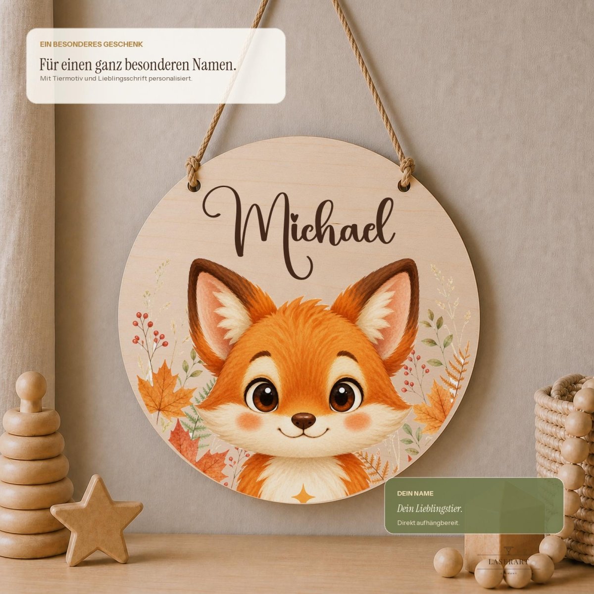 Rundes Namensschild Birkenholz mit Name Michael und Fuchsmotiv, personalisiertes Türschild Kinderzimmer