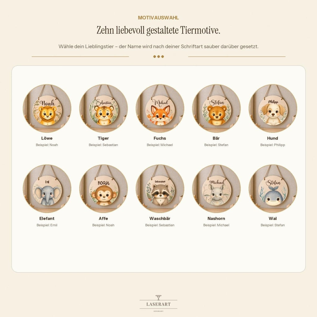 Motivauswahl personalisiertes Namensschild Junge, 10 Tiermotive: Löwe, Tiger, Fuchs, Bär, Hund, Elefant, Affe, Waschbär, Nashorn, Wal