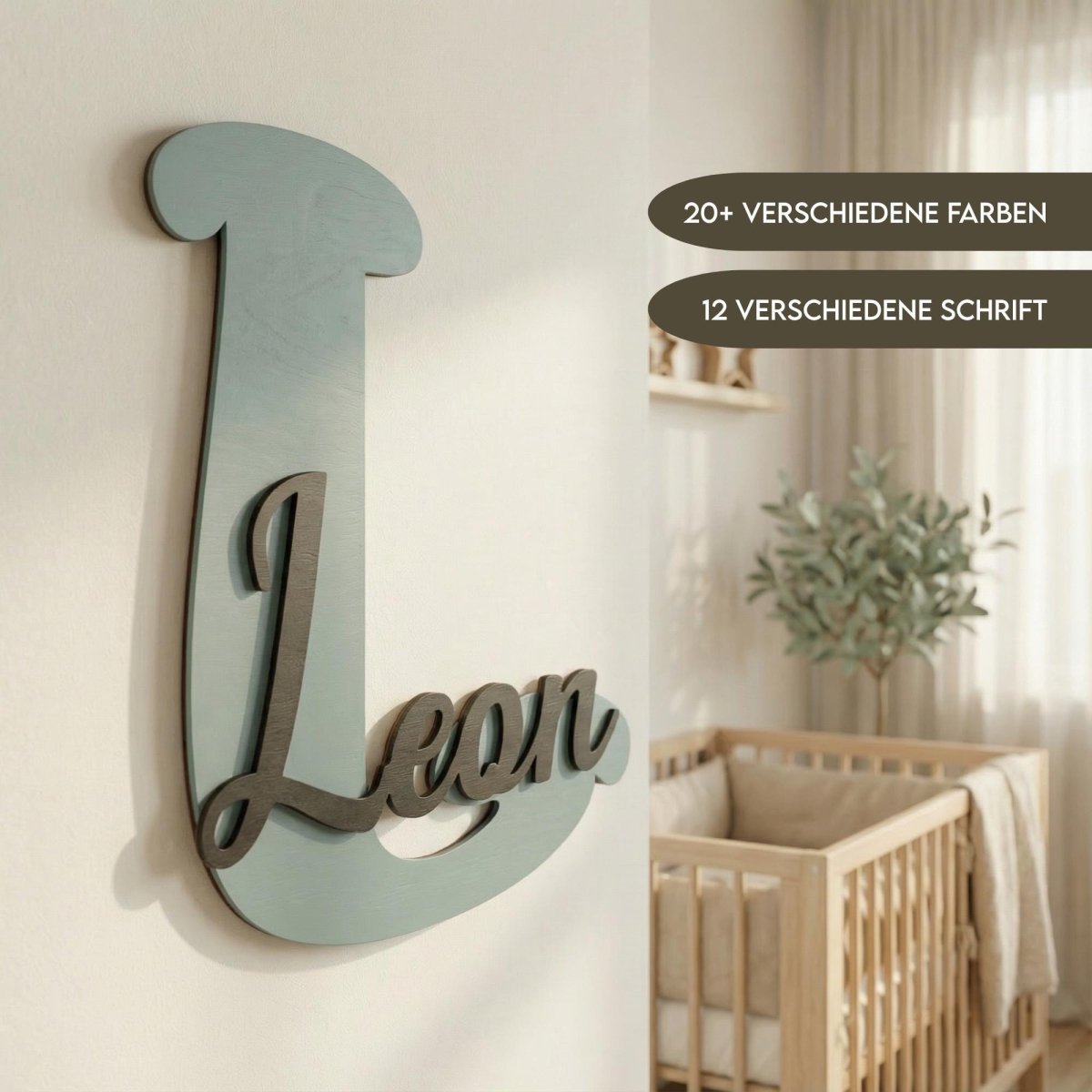 Namensschild Kinderzimmer aus Holz personalisiert – Wanddeko mit Name, 20+ Farben, 12 Schriftarten - LaserArt Germany
