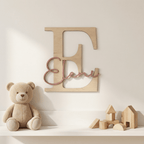 Türschild Kinderzimmer mit Buchstabe E und Name Elena in Flieder an der Wand