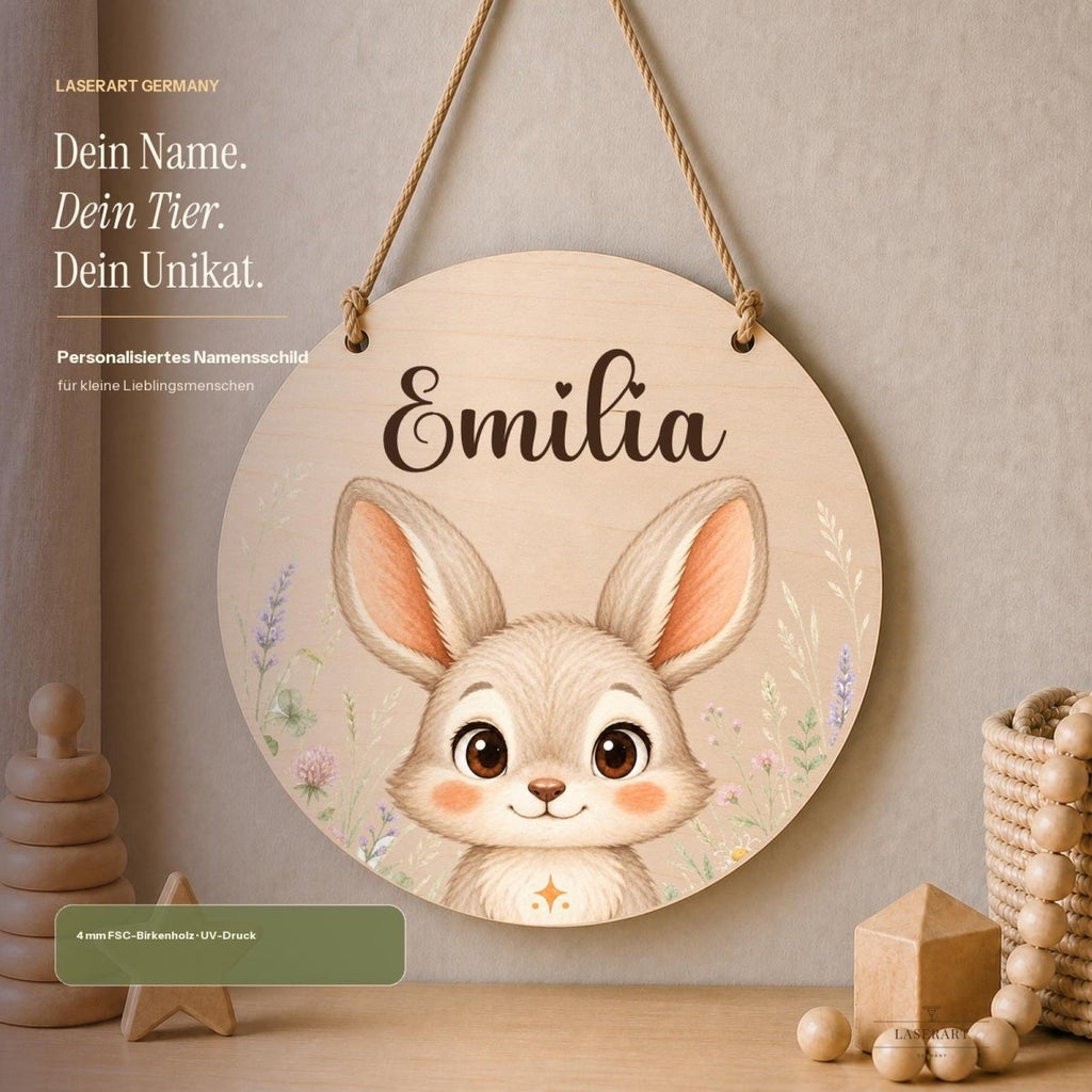 Rundes Namensschild Birkenholz mit Name Emilia und Hasenmotiv, personalisiertes Geschenk Kinderzimmer