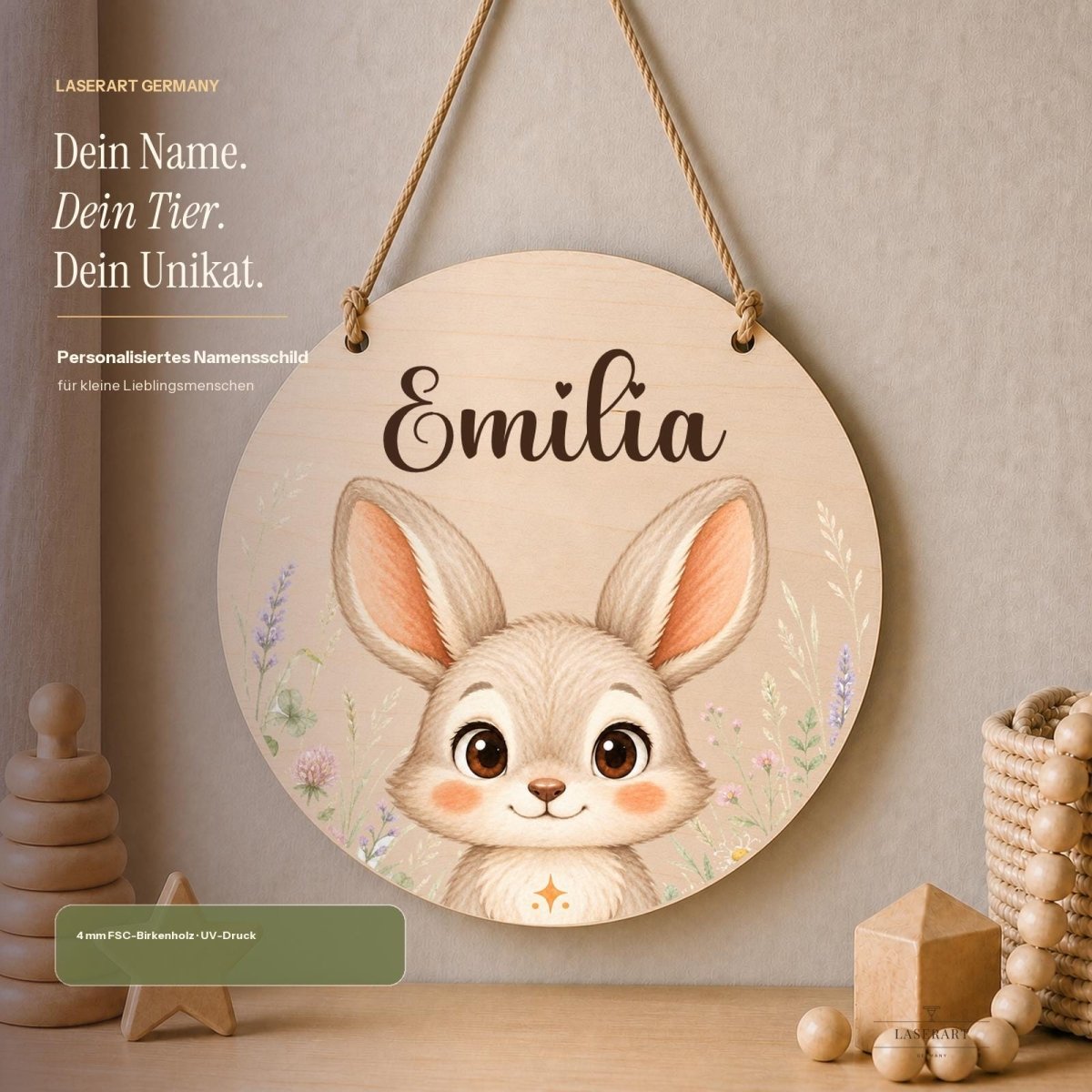Rundes Namensschild Birkenholz mit Name Emilia und Hasenmotiv, personalisiertes Geschenk Kinderzimmer