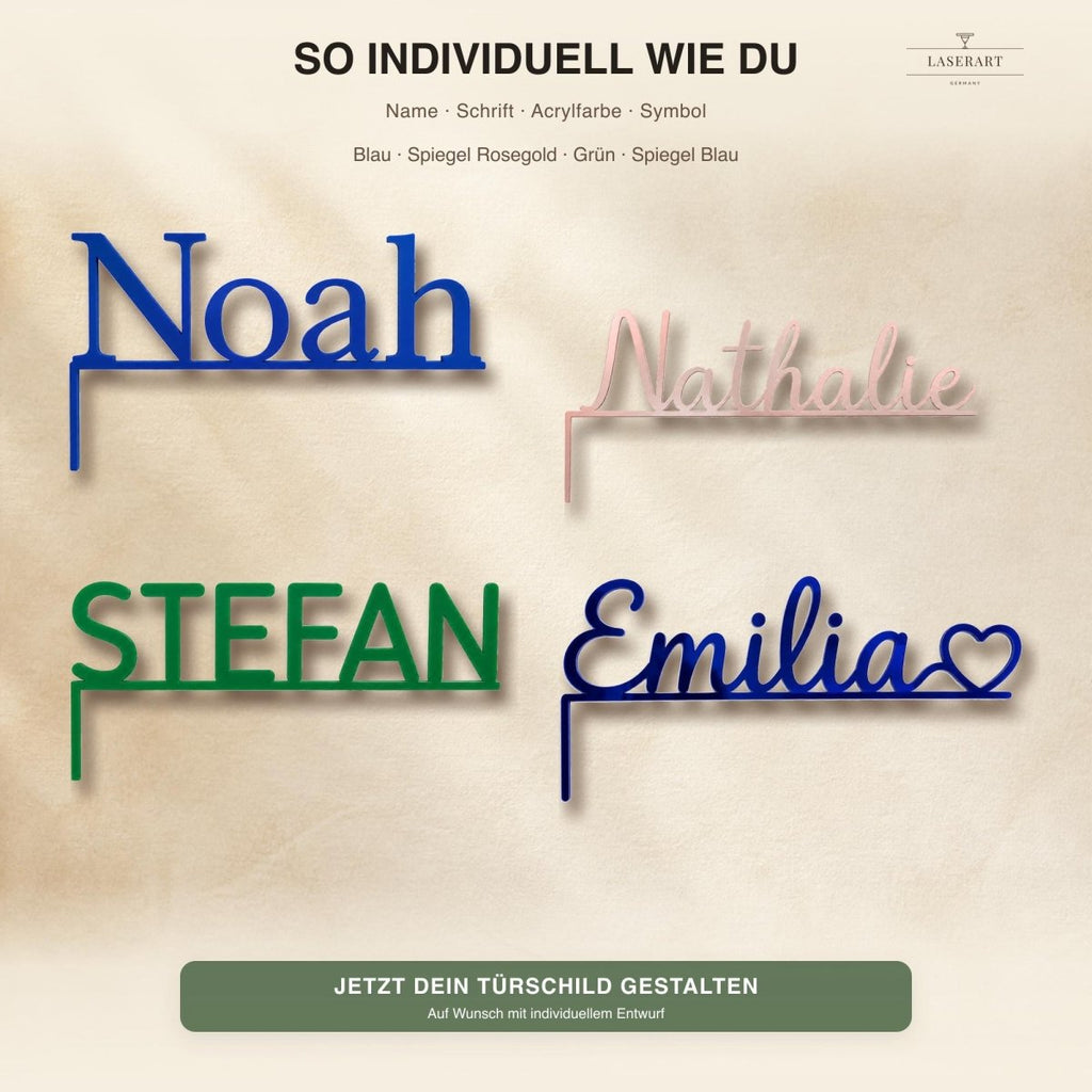 Vier Namensschilder Noah, Nathalie, Stefan und Emilia am Türrahmen, personalisierbare Acrylfarben und Symbole