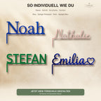 Vier Namensschilder Noah, Nathalie, Stefan und Emilia am Türrahmen, personalisierbare Acrylfarben und Symbole