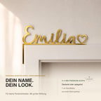 Personalisiertes Namensschild Emilia für den Türrahmen aus Spiegel-Gold-Acryl mit Herz, Kinderzimmer Deko ohne Bohren