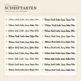 Übersicht der 20 verfügbaren Gravur-Schriftarten bei LaserArt Germany, nummeriert 1 bis 20