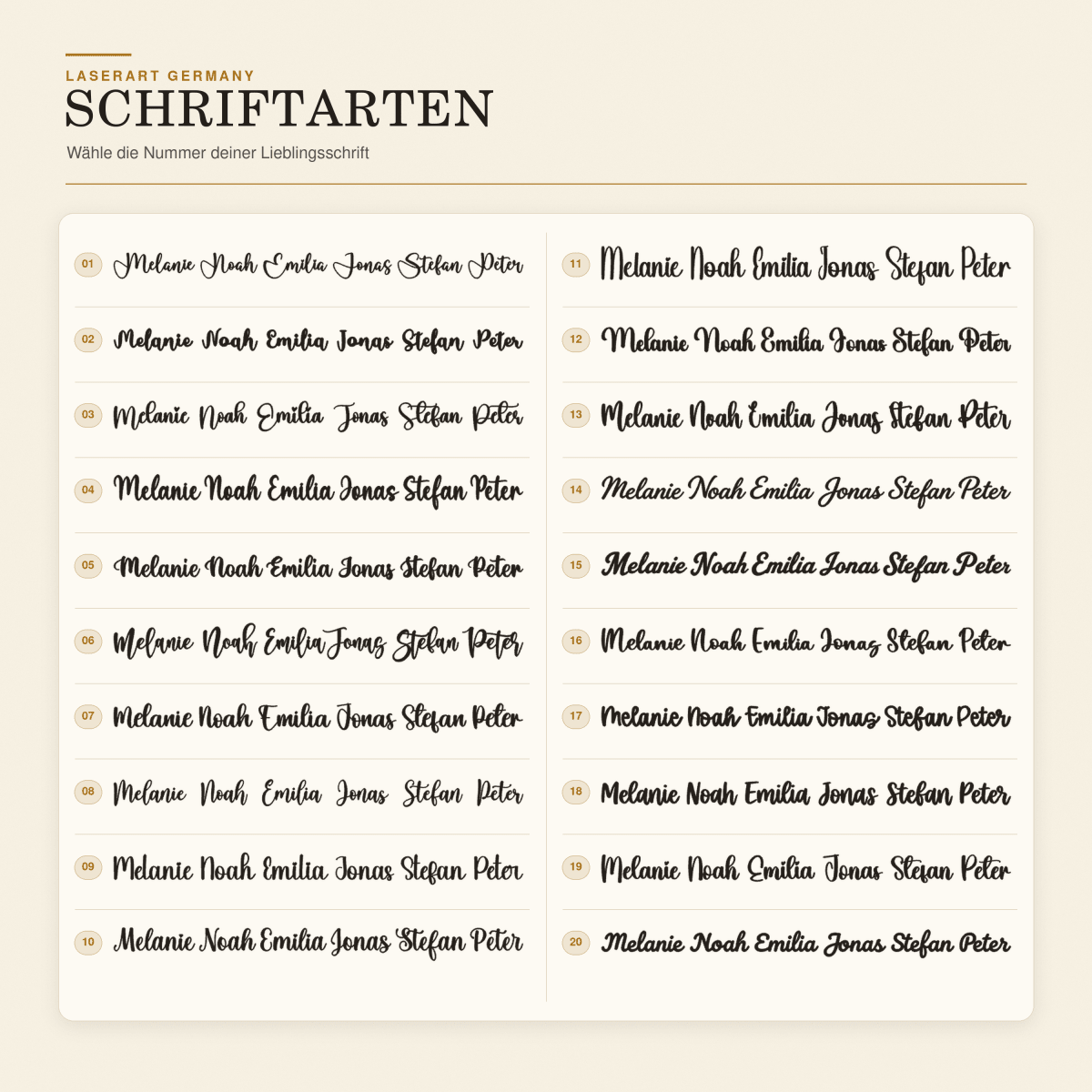 Übersicht der 20 verfügbaren Gravur-Schriftarten bei LaserArt Germany, nummeriert 1 bis 20