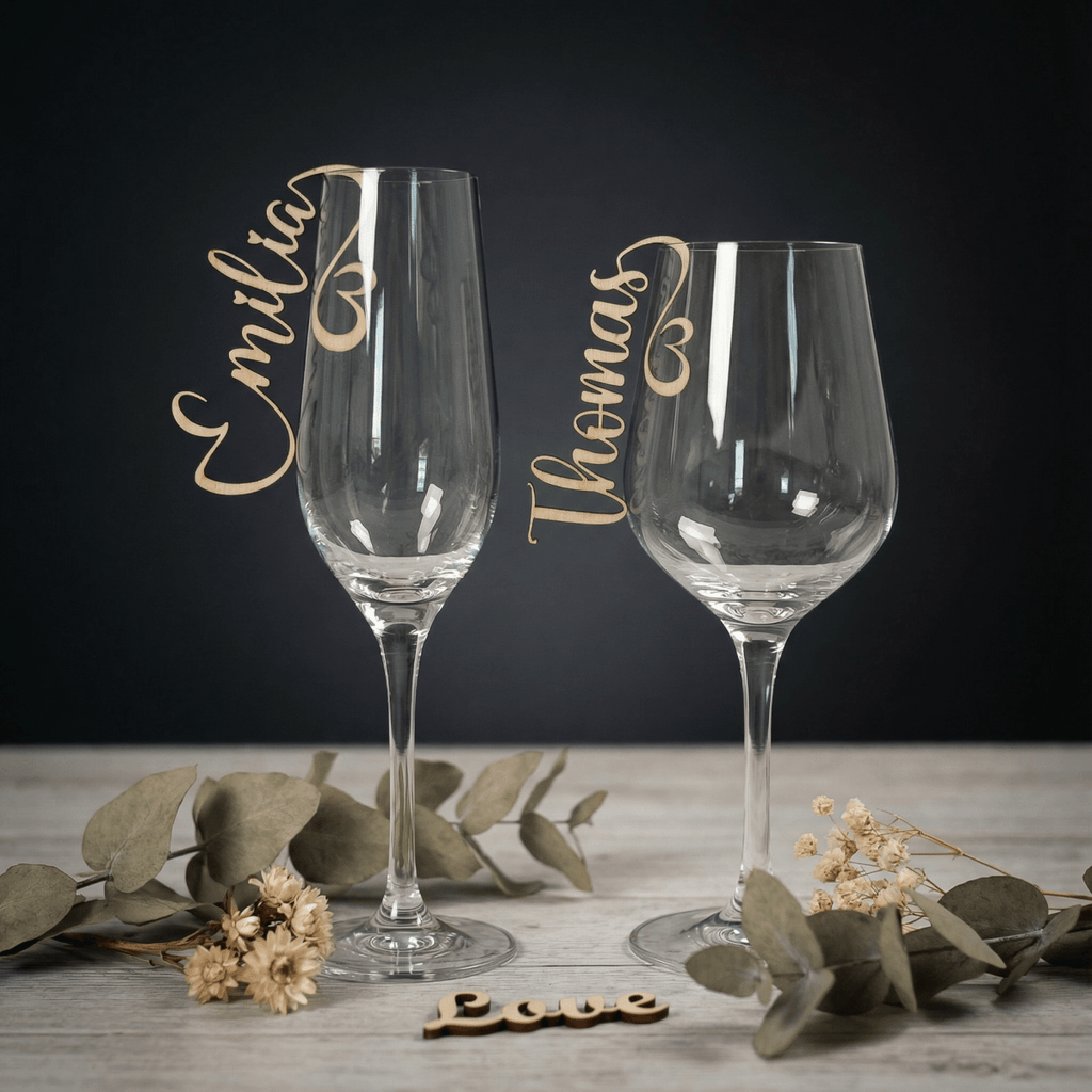 Namensschilder Hochzeit für Gläser aus Holz | 3mm - LaserArt Germany