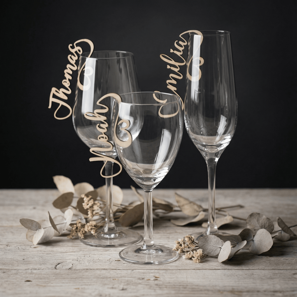 Namensschilder Hochzeit für Gläser aus Holz | 3mm - LaserArt Germany
