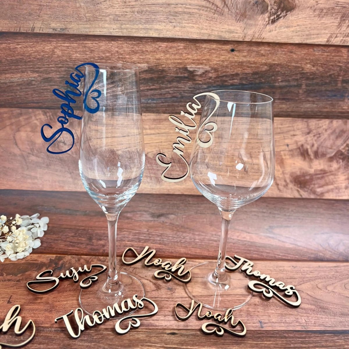 Namensschilder Hochzeit für Gläser aus Holz | 3mm - LaserArt Germany