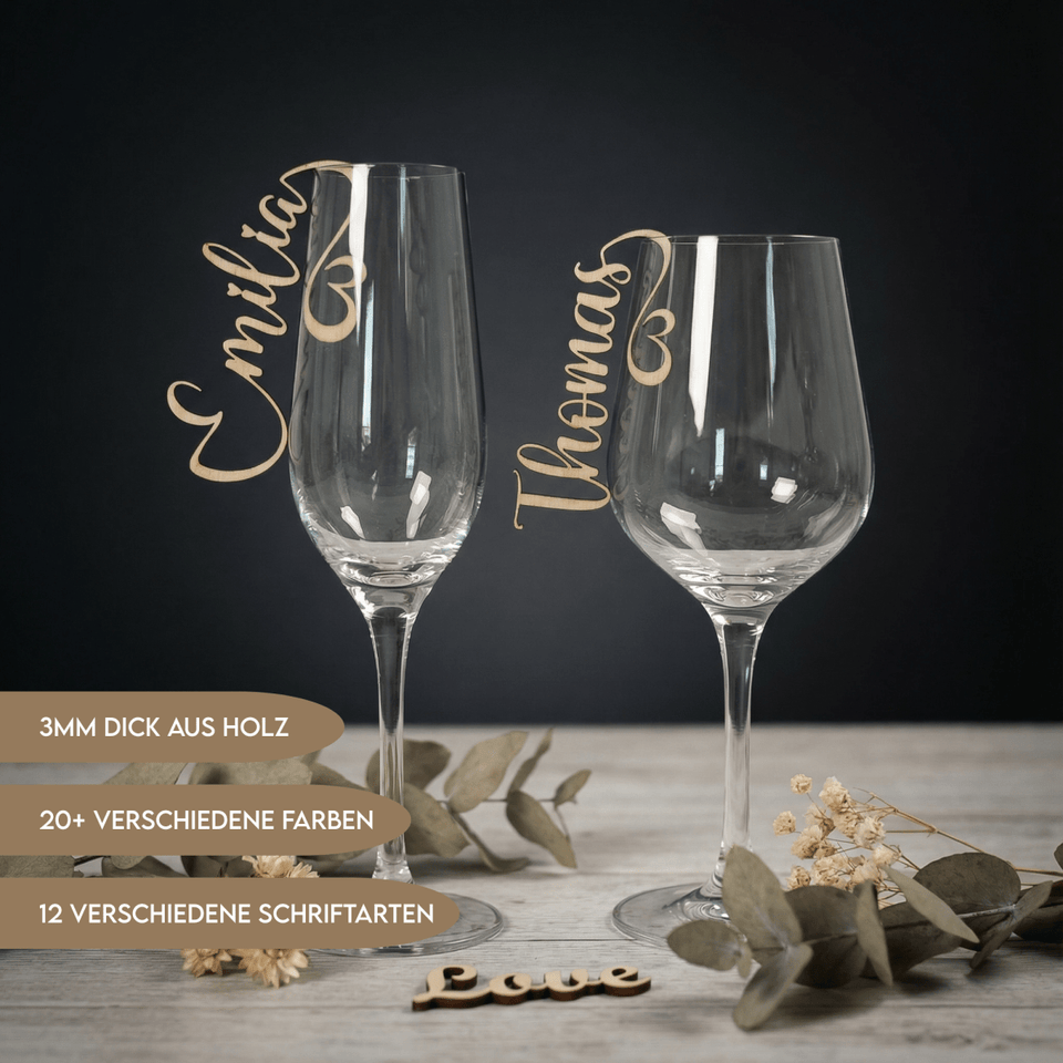 Namensschilder Hochzeit für Gläser aus Holz | 3mm - LaserArt Germany
