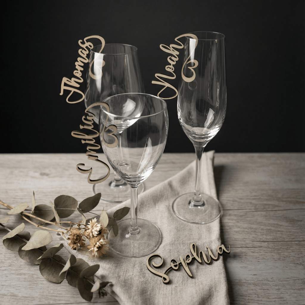 Namensschilder Hochzeit für Gläser aus Holz | 5mm - LaserArt Germany
