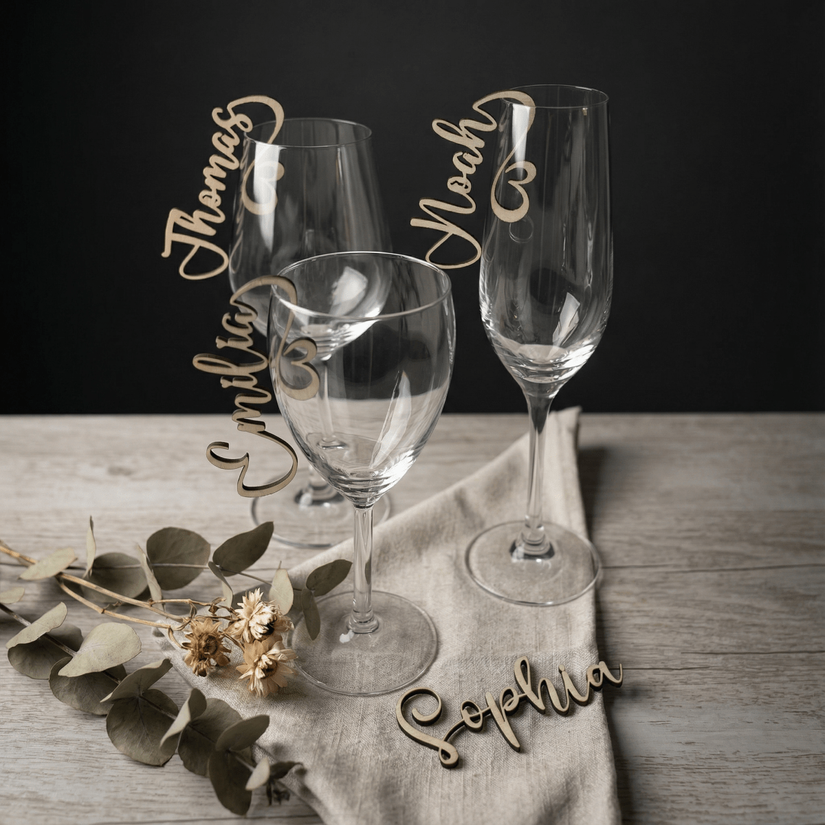 Namensschilder Hochzeit für Gläser aus Holz | 5mm - LaserArt Germany