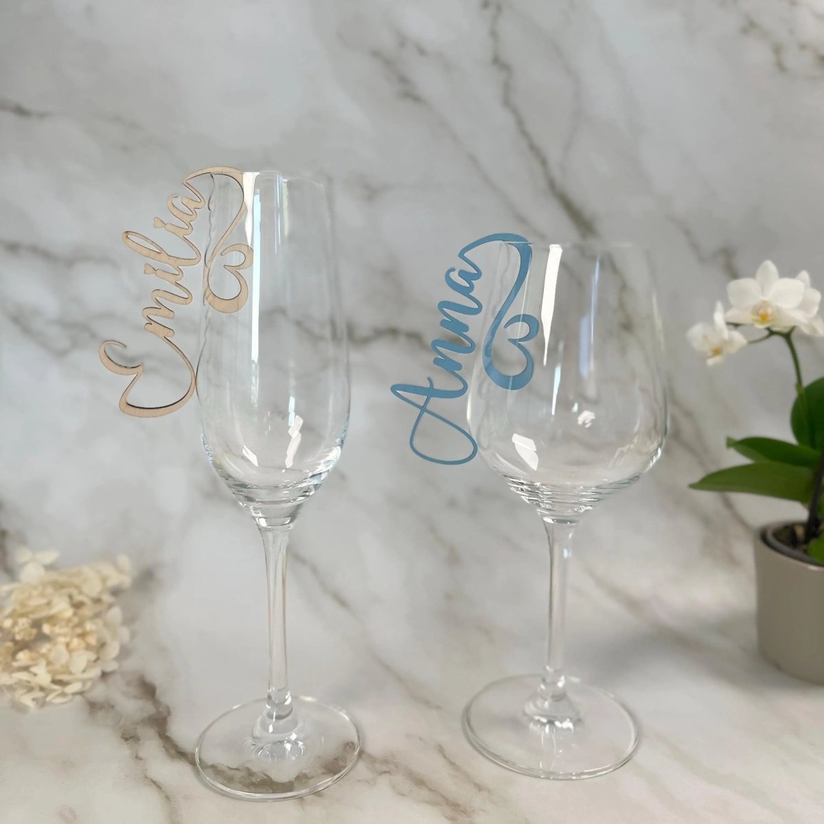 Namensschilder Hochzeit für Gläser aus Holz | 5mm - LaserArt Germany