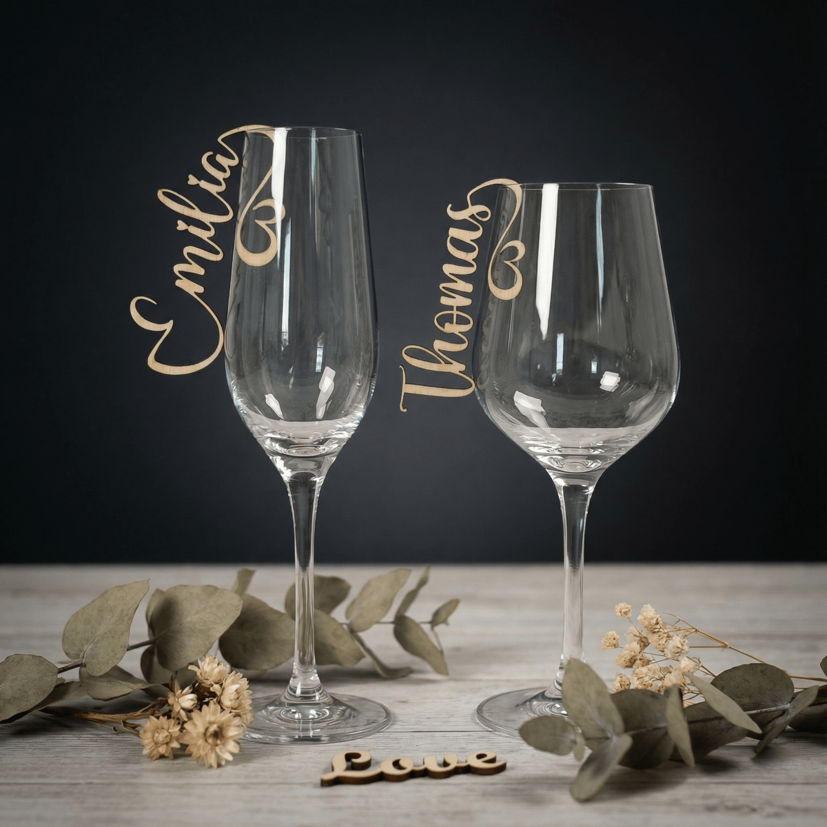 Namensschilder Hochzeit für Gläser aus Holz | 5mm - LaserArt Germany