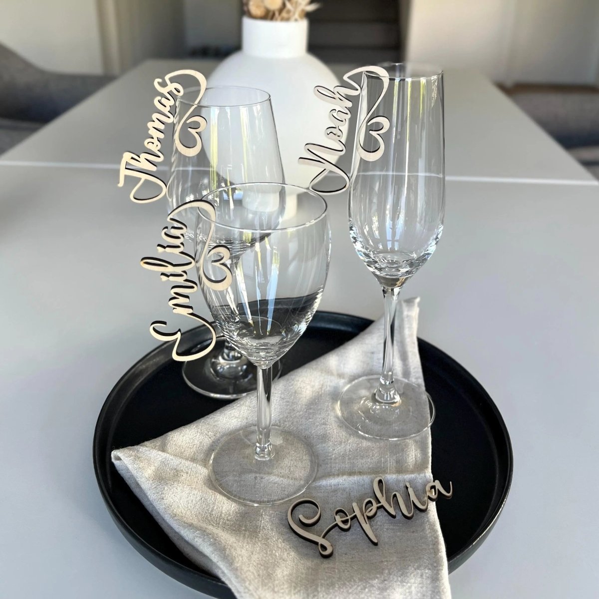 Namensschilder Hochzeit für Gläser aus Holz | 5mm - LaserArt Germany