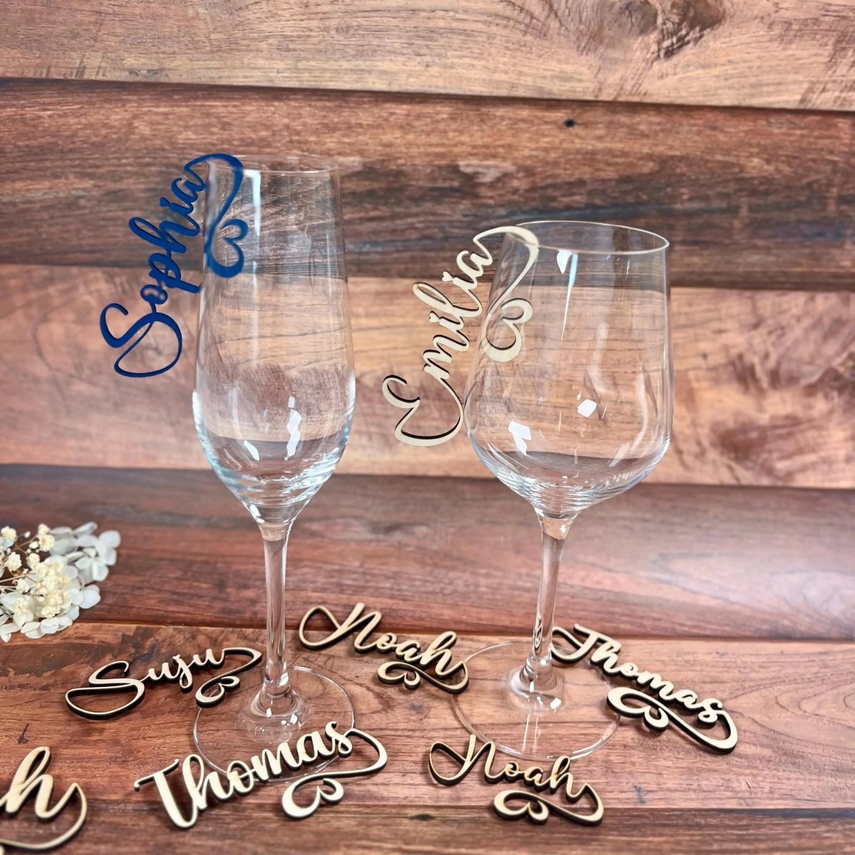 Namensschilder Hochzeit für Gläser aus Holz | 5mm - LaserArt Germany