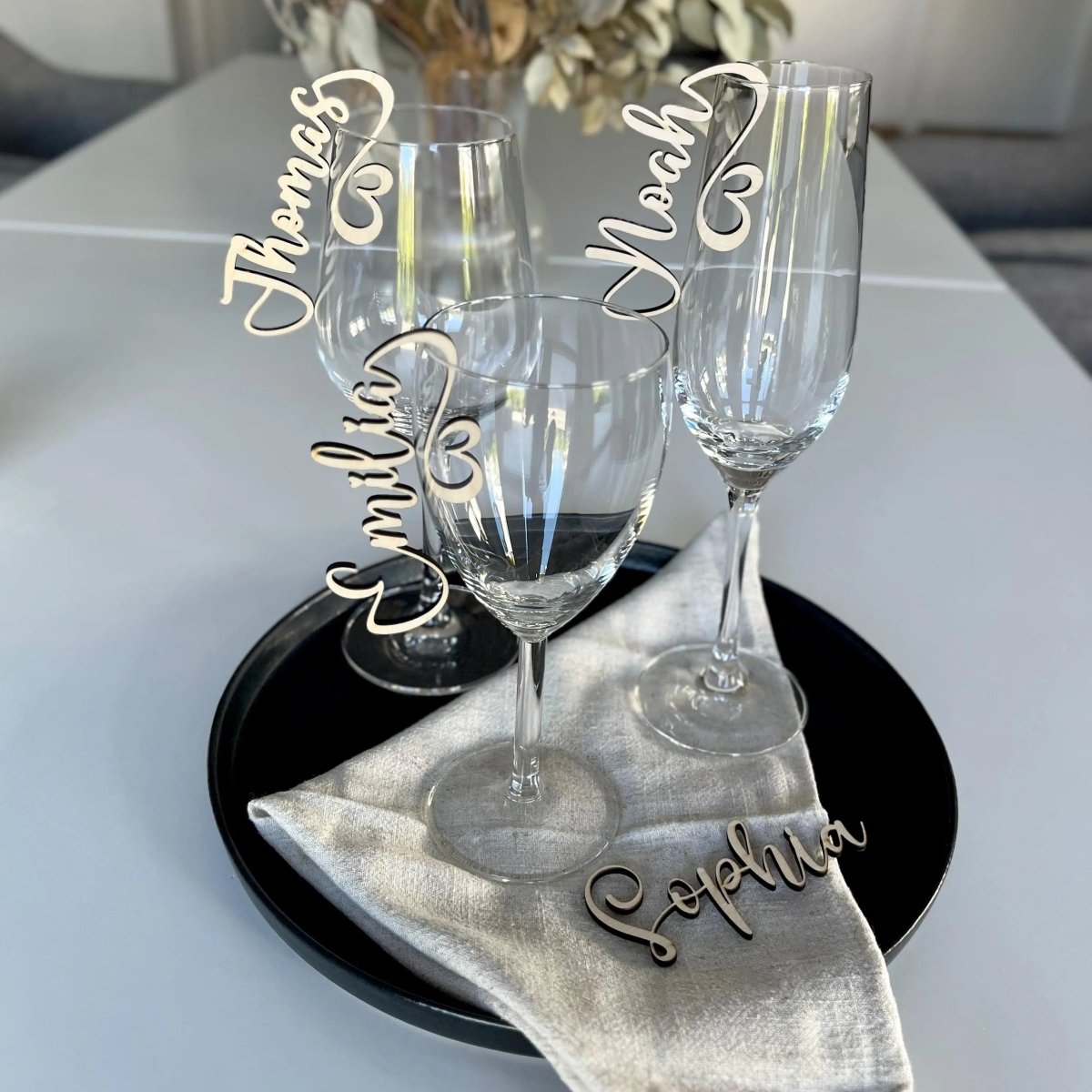 Namensschilder Hochzeit für Gläser aus Holz | 5mm - LaserArt Germany