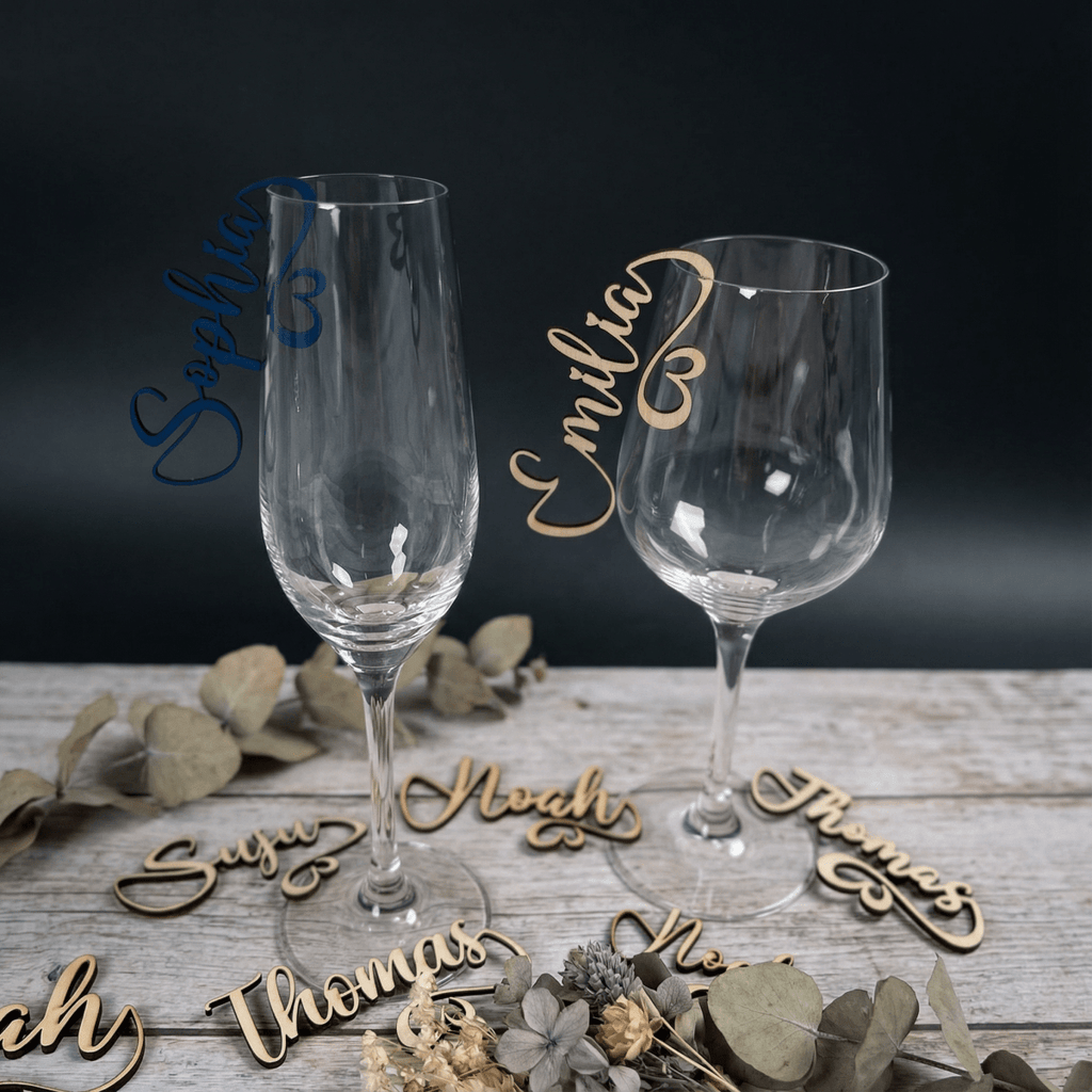 Namensschilder Hochzeit für Gläser aus Holz | 5mm - LaserArt Germany