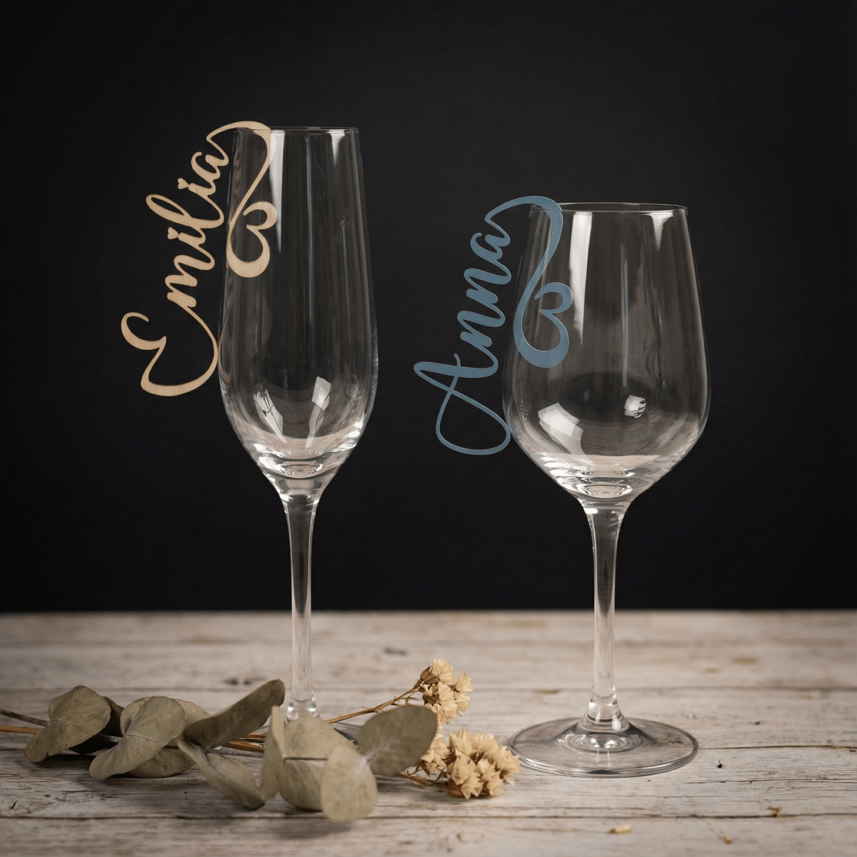 Namensschilder Hochzeit für Gläser aus Holz | 5mm - LaserArt Germany
