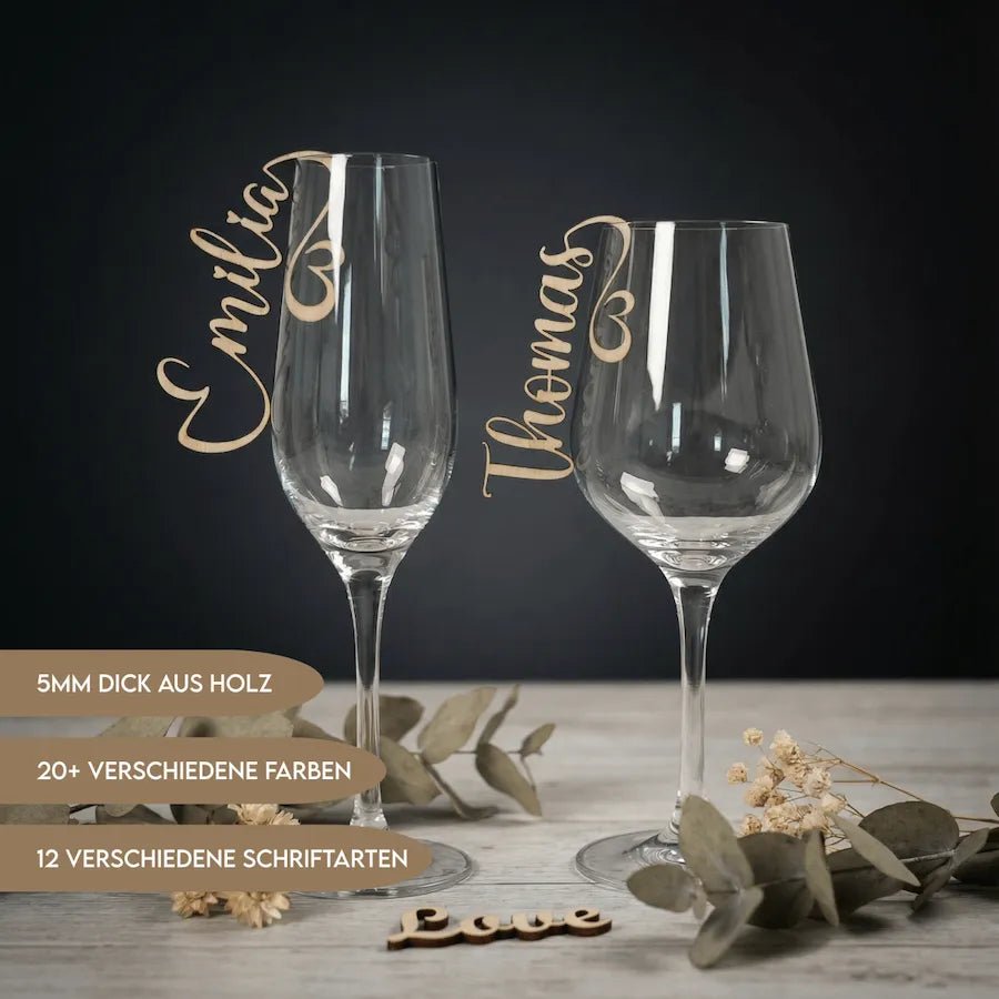 Namensschilder Hochzeit für Gläser aus Holz | 5mm - LaserArt Germany