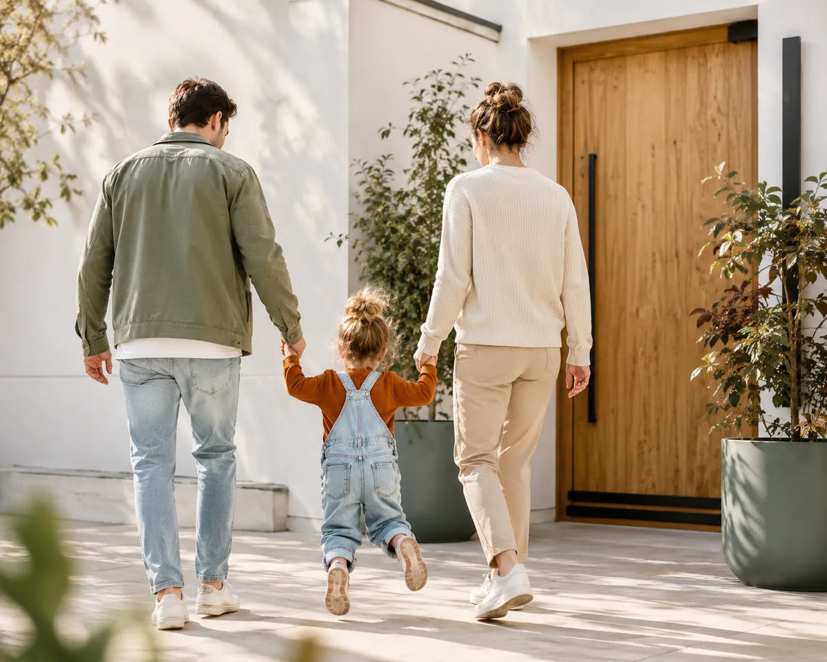 Familie mit kleinem Kind kommt an der Haustür ihres Zuhauses an, von hinten fotografiert