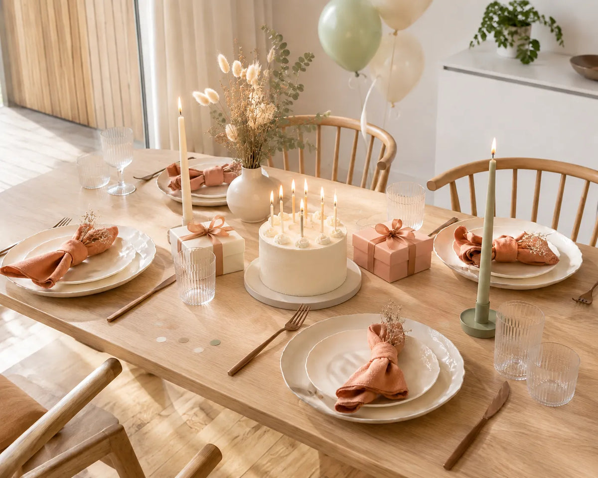 Gedeckter Geburtstagstisch aus Holz mit Torte, brennenden Kerzen und Luftballons
