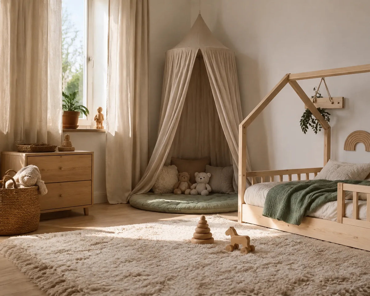 Helles Kinderzimmer mit Hausbett, Betthimmel und Holzspielzeug auf weichem Teppich