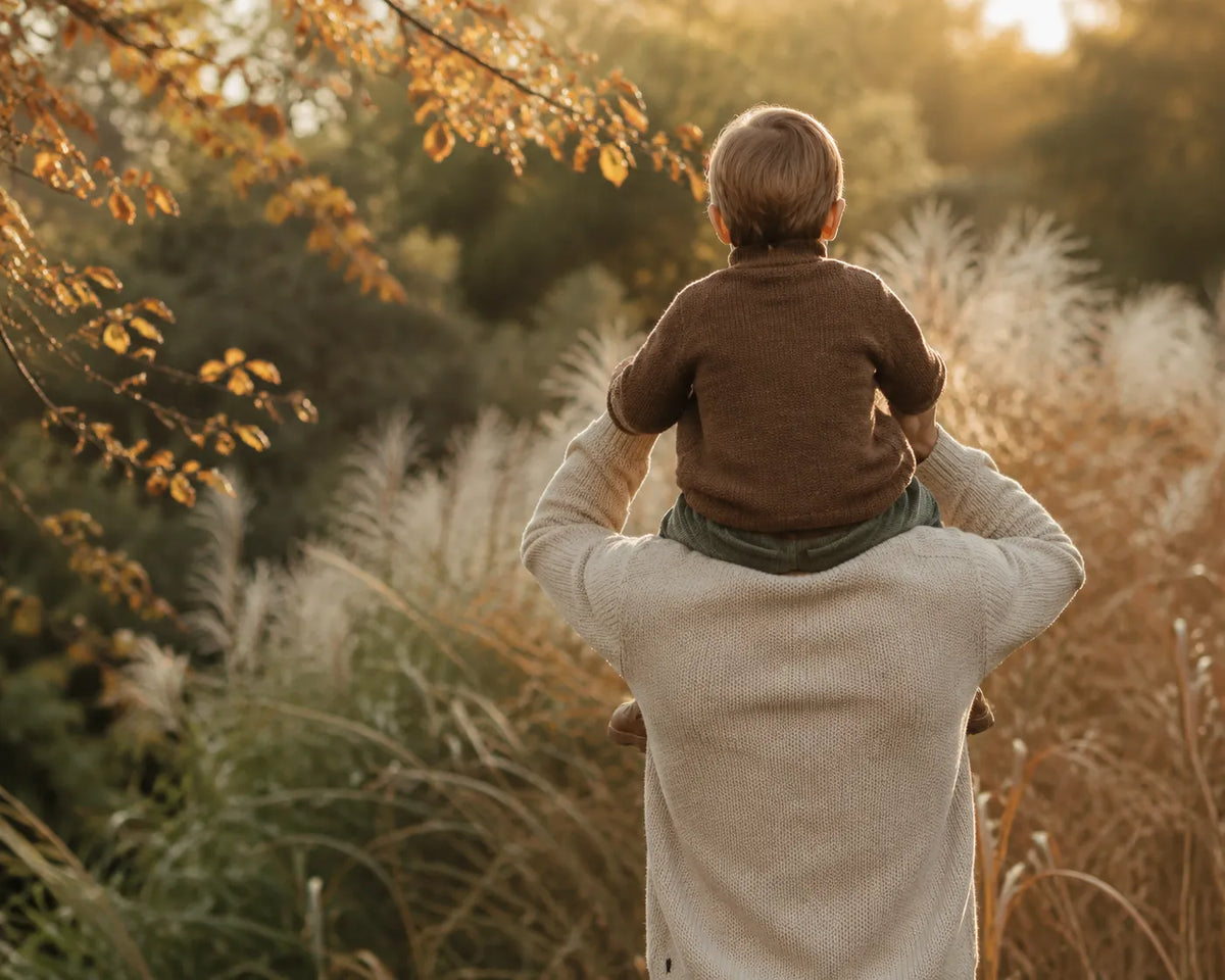 Elternteil trägt ein Kleinkind auf den Schultern durch ein herbstliches Feld im Gegenlicht