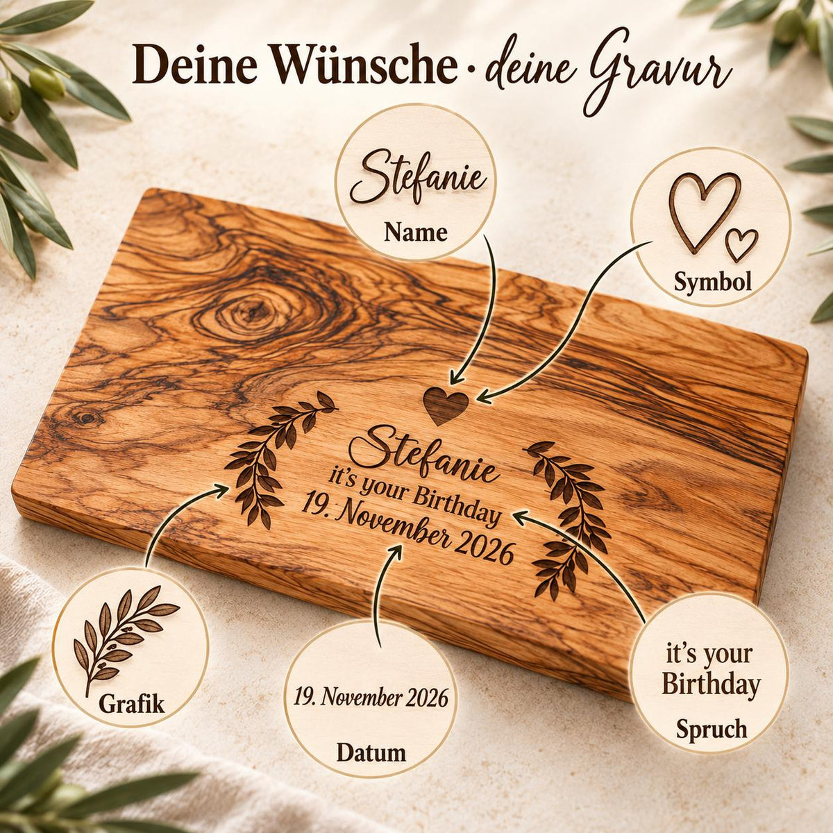 Gravur-Möglichkeiten auf dem Olivenholzbrett: Name, Symbol, Grafik, Datum und Spruch am Beispiel Stefanie