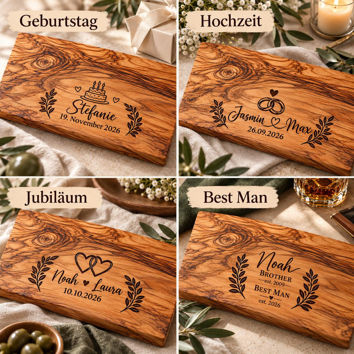 Gravurbeispiele auf Olivenholzbrettern für Geburtstag, Hochzeit, Jubiläum und Best Man mit Namen, Datum und Lorbeerzweigen