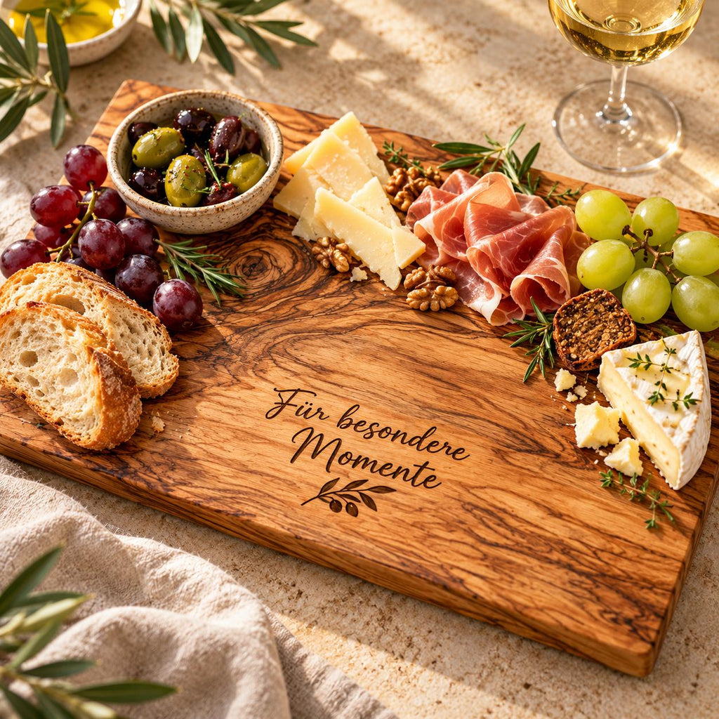 Olivenholzbrett mit Gravur Für besondere Momente und Olivenzweig, angerichtet mit Brot, Käse, Oliven und Trauben