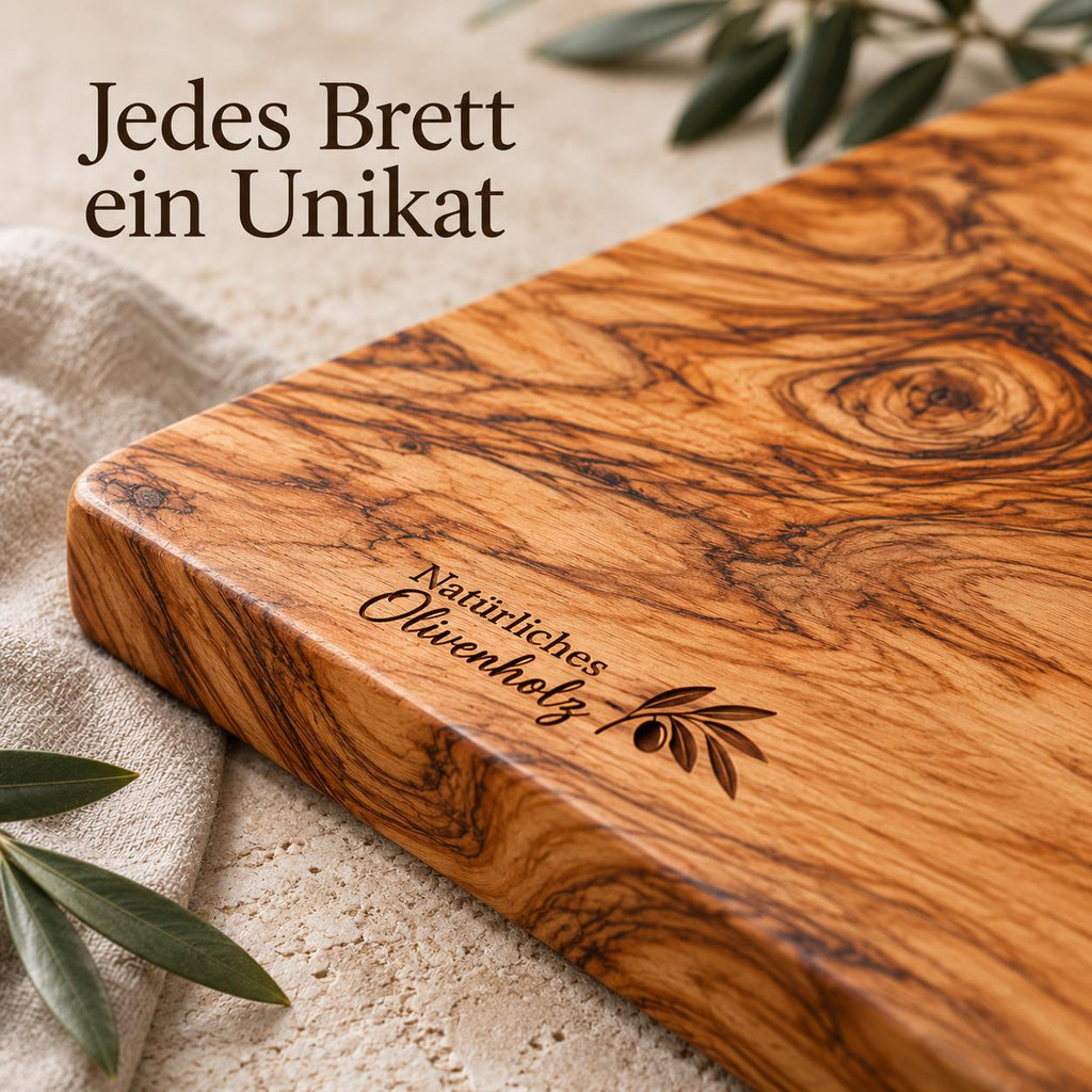 Olivenholzbrett mit Gravur Natürliches Olivenholz und Olivenzweig an der Kante, jedes Brett ein Unikat