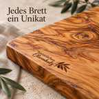 Olivenholzbrett mit Gravur Natürliches Olivenholz und Olivenzweig an der Kante, jedes Brett ein Unikat