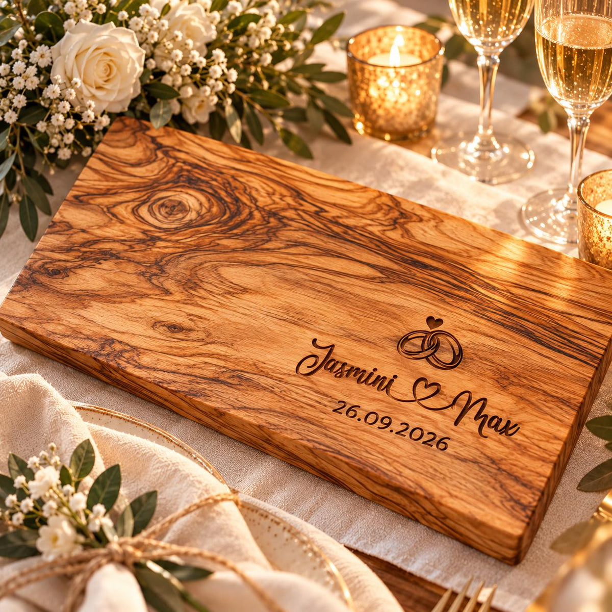 Olivenholzbrett mit Lasergravur Jasmini und Max, Eheringe und Hochzeitsdatum, auf gedecktem Hochzeitstisch