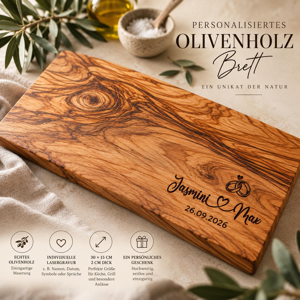 Personalisiertes Olivenholzbrett mit Gravur Jasmini und Max, Eheringe und Datum, echtes Olivenholz und Unikat